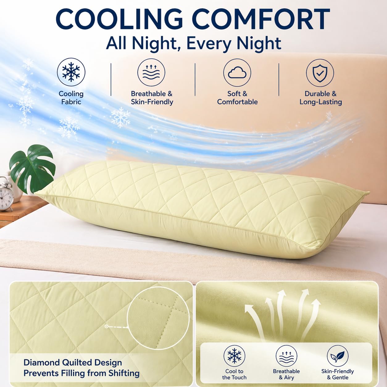 evoLive Cooling Body Pillow Cover 21" x 54", Soft Elastane Diamond Quilted Body Pillow Case with Zipper Closure, Breathable Long Pillow Cover (Green, 21“X54“ Body Pillow Cover)