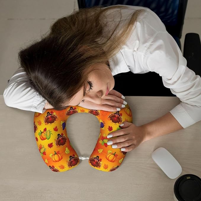 Neck Travel Pillow, Women Men Washable Airplane Car Pillows Thanksgiving Cute Turkey Pumpkin, Head Support Rest U Shaped Cushion Comfortable for Watching TV