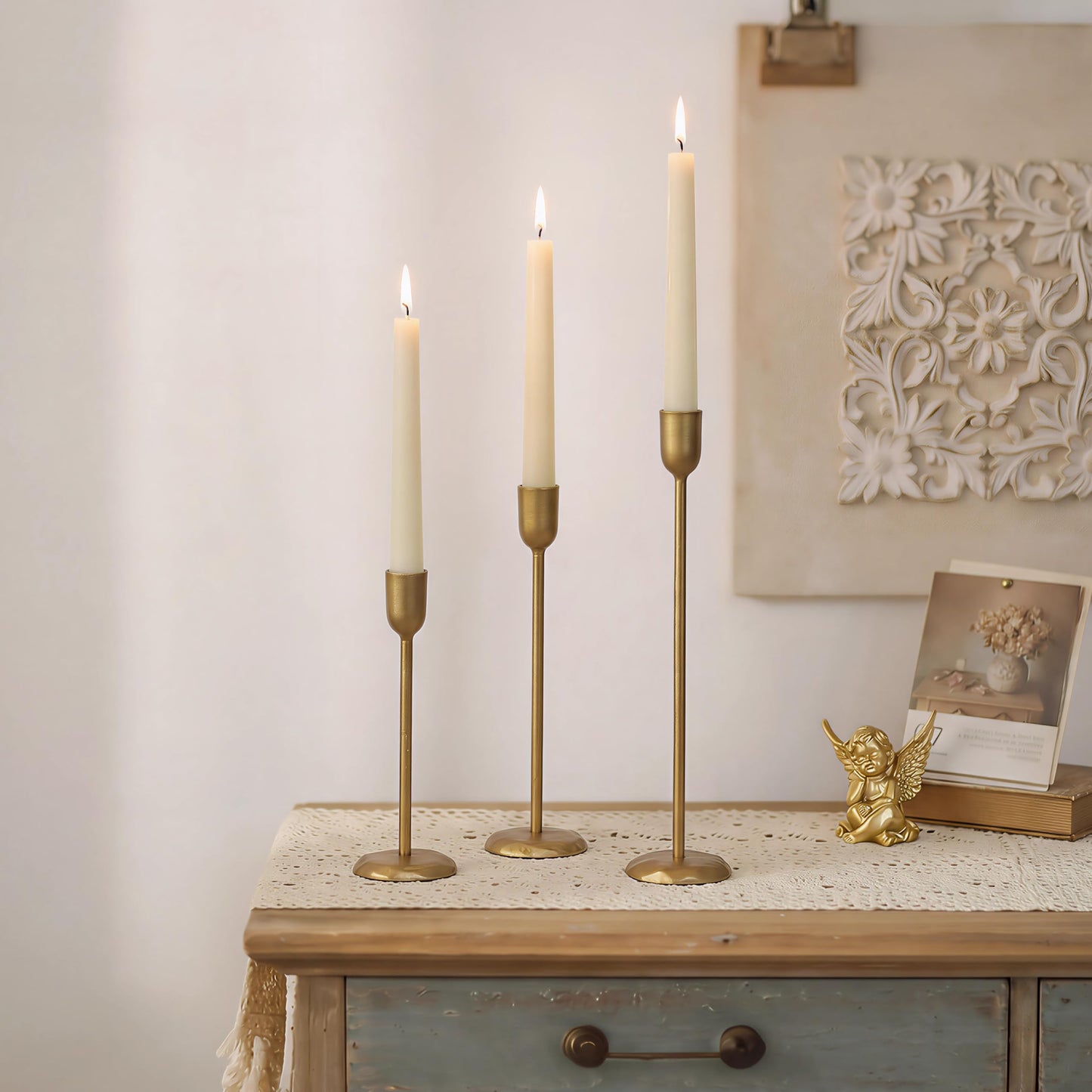 Perfnique Brass Candlestick Holders Set of 6 - Antique Gold Iron Candle Holders for Christmas, Birthday, Wedding, Party, Dining Table, Fireplace Mantel Decor (Gold)