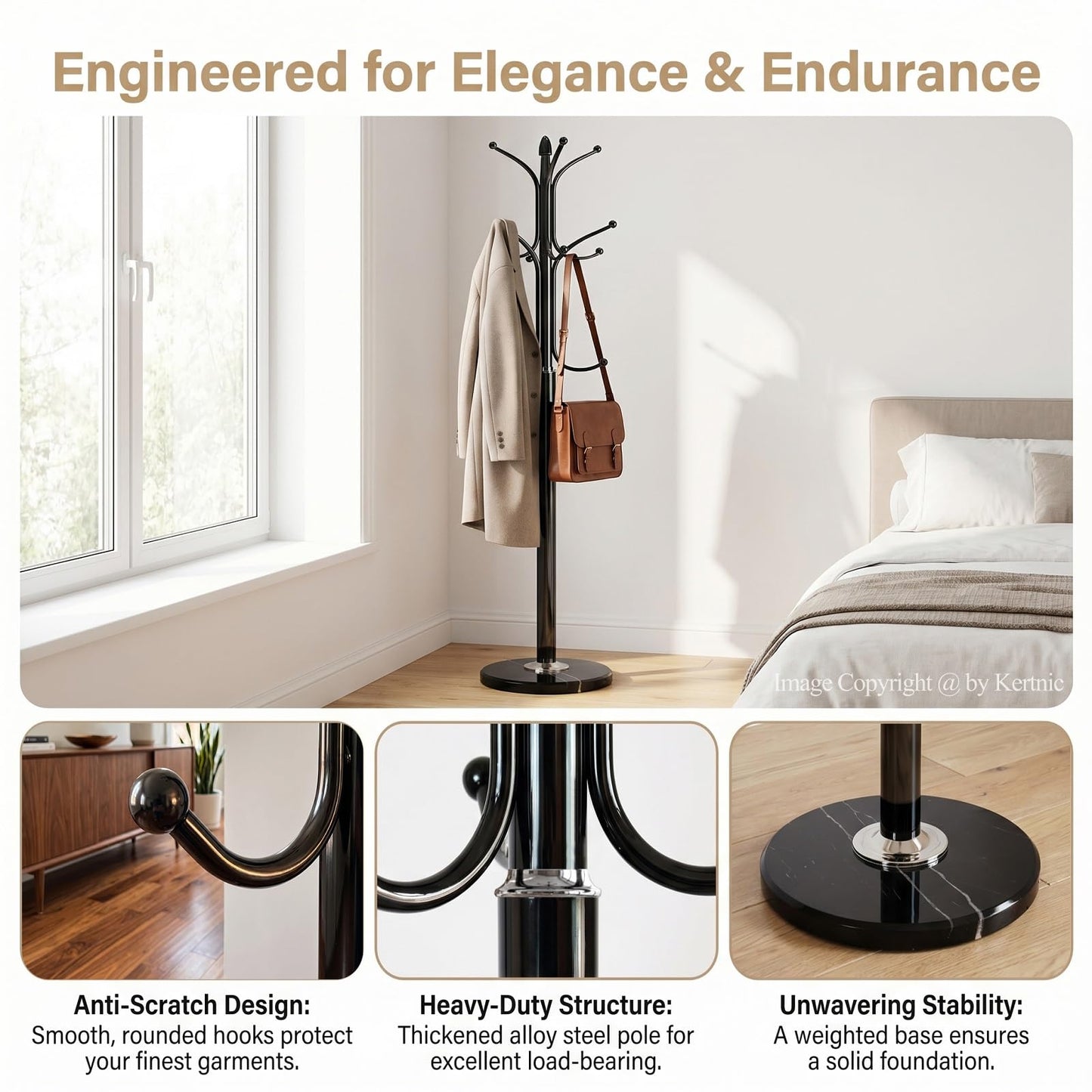 Kertnic Freestanding Coat Rack Stand, Heavy Duty Metal Hall Tree with 12 Hooks, 70 Inch Tall Stable Coat Hanger with 14.6" Natural Marble Base, Entryway Organizer for Coats Bags Hats Purses (Black)