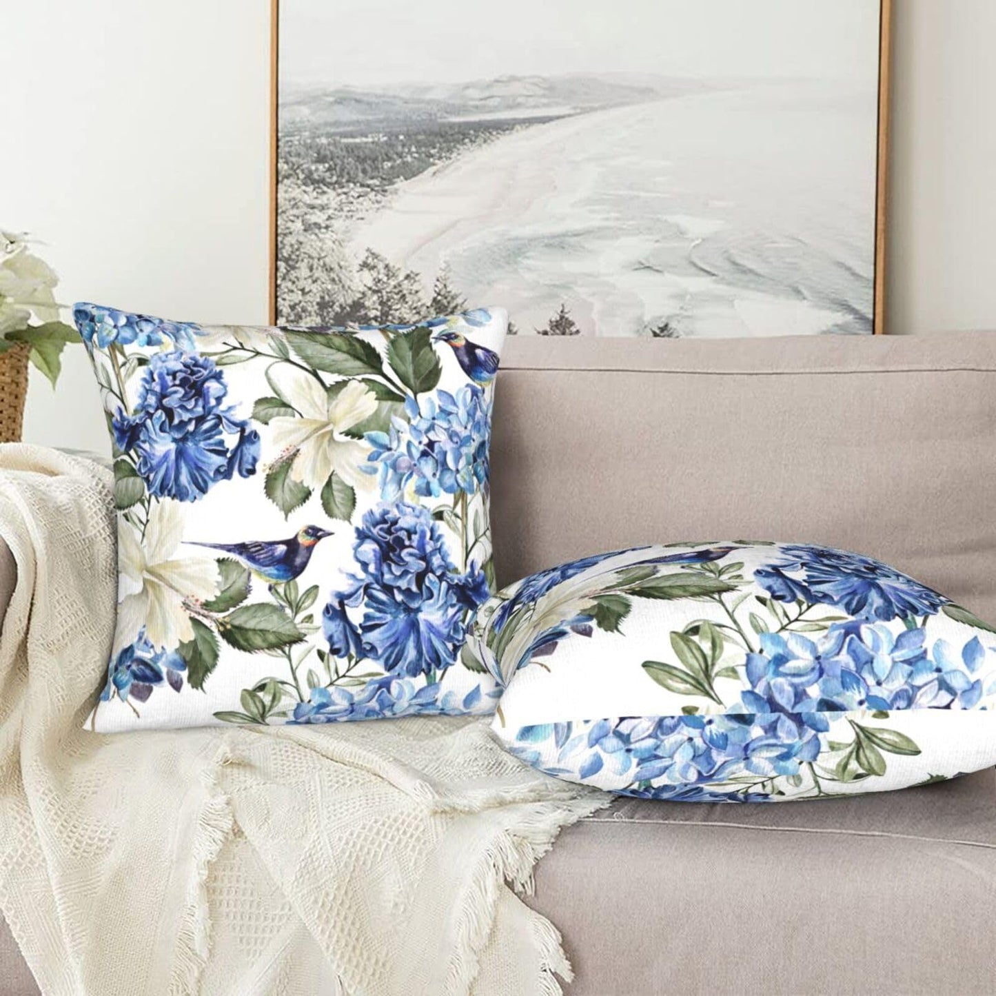 Coshatsu Blue and White Floral Pillow Covers 18x18 Set of 2, Spring Hydrangea Hibiscus Flowers Throw Pillow Covers Square Decorative Pillow Case for Couch Bed Sofa Cushion Home Decor