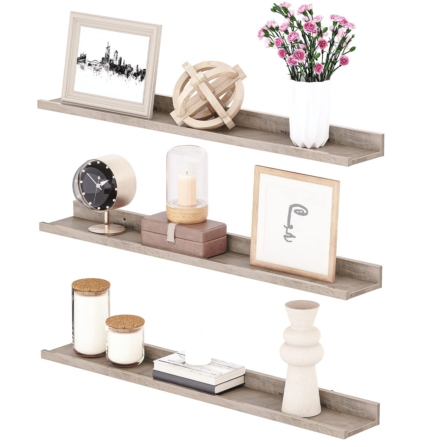HOOBRO Floating Shelves, Wall Shelf Set of 3, 35.4 Inches Hanging Shelf with Raised Edge and Invisible Brackets, for Bathroom, Bedroom, Kitchen, Office, Living Room Decor, Greige BG90BJ01