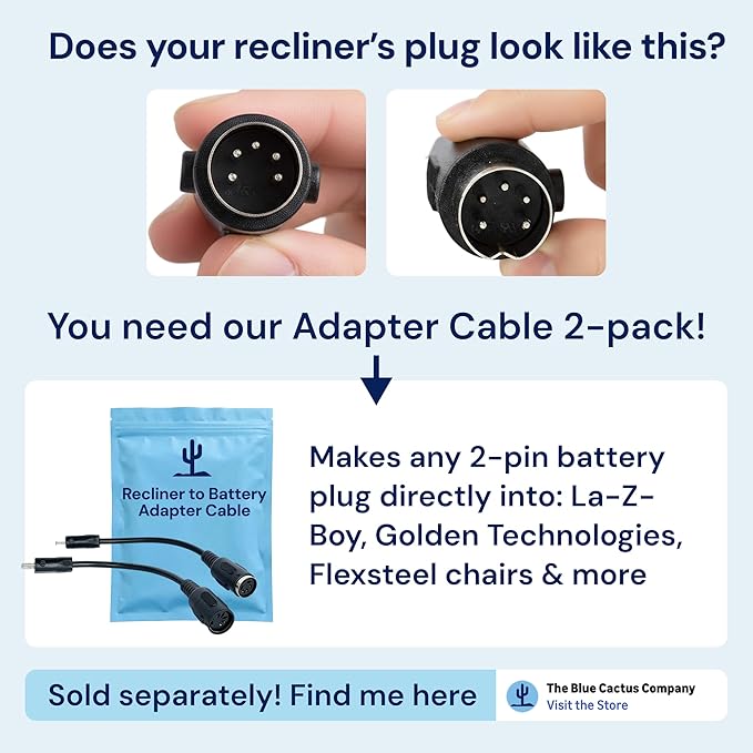 The Blue Cactus Company Battery Pack for Reclining Furniture - 2500mAh, 2-Pin Connector - LCD Display for Recliner Chair - Portable Power Supply - Cord-Free Floors