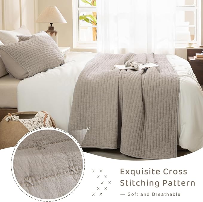 Sanracie Cotton Quilt Set King Size(110"x98"), Linen Colored Ultra Soft Stonewashed Crinkle Quilt Bedspread Set 3Pcs Cross Stitch Pattern Lightweight Breathable Bed Coverlet Set for All Season