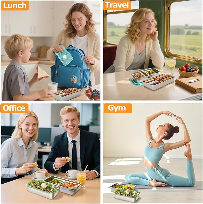 vovoyager Stainless Steel Snack Containers with Lids, Reusable Bento Lunch Container Box, Food Storage, Leak Proof, Dishwasher-Safe, Grab and Go for Work, 2 Single + 2 Double Compartment