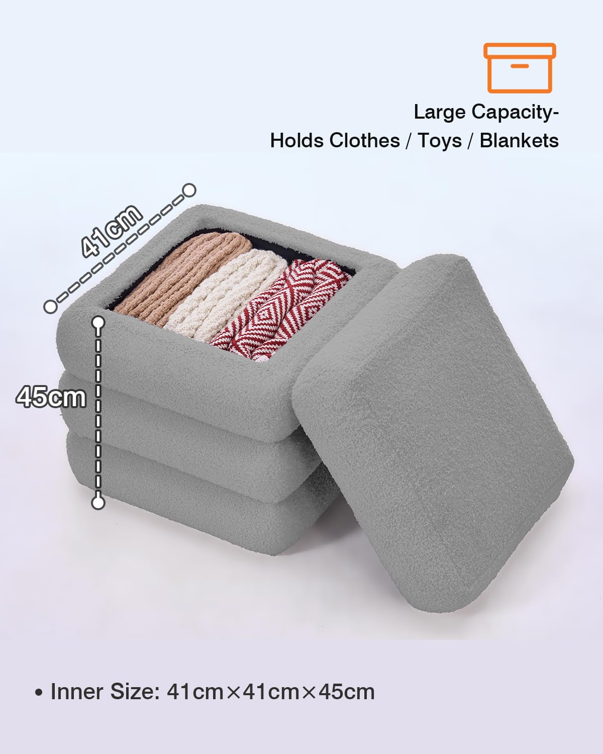 ABHENG Square Set of 2 Sherpa Storage Ottoman Stool with Removeable lid,Load up to 440 lbs Footstool, Boucle Vanity Stool for Livingroom Bedroom Gray UASND69G