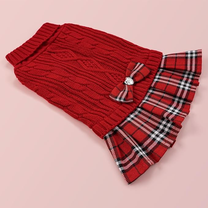YUDODO Small Dog Sweater Dress with Bowtie Turtleneck - Knitted Pet Girl Dog Winter Clothes - Pet Warm Sweater for Puppy Yorkies, Chihuahua (XL Red)