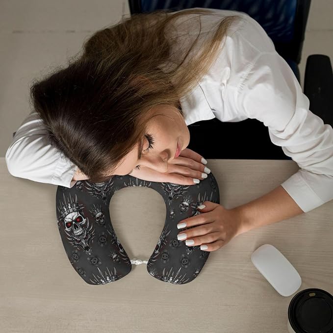 Breathable Neck Pillow for Sleeping Rest Nap King Cool Skull Dragon Tattoo Art, Airplanes/Car/Home Memory Foam Travel Cushion with Polyester Cover Washable for Women Men