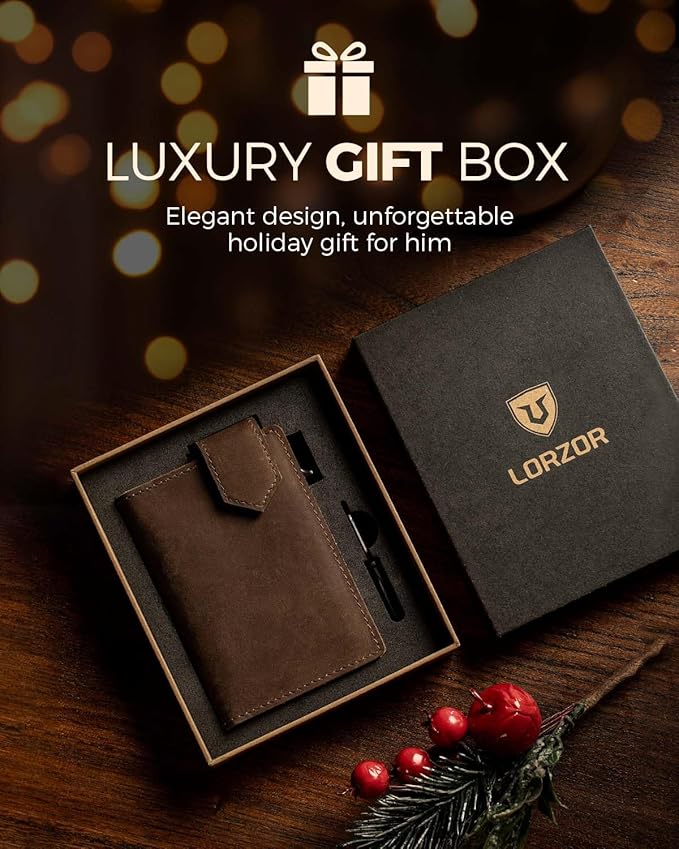LORZOR Slim Wallet for Men with Security Latch, Pop Up Metal Card Holder Wallet, Finest Full Grain Leather Bifold Wallets, Smart, Minimalist, RFID Blocking, Front Pocket, ID Window