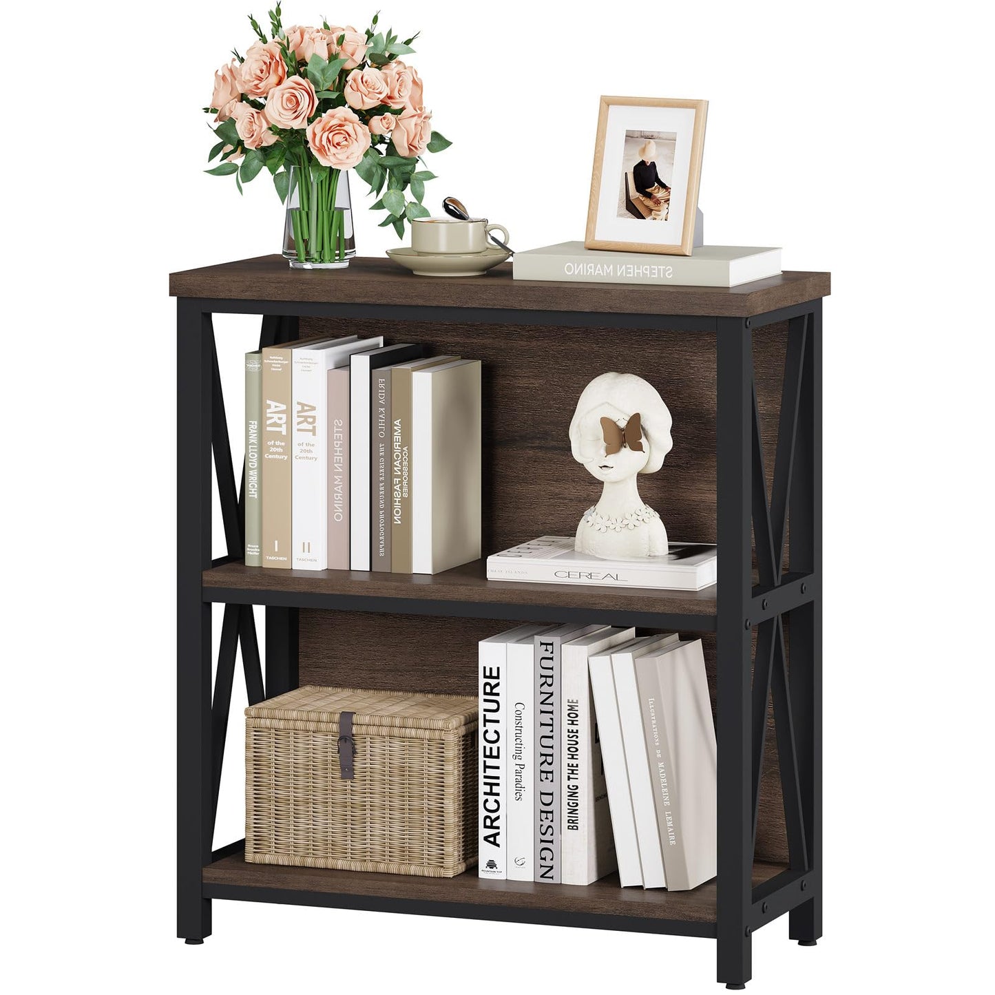 FATORRI Small Bookshelf, Rustic Book Shelf for Small Space, Low Short Bookcase, Industrial Wood and Metal Bookshelf and Bookcase for Living Room (Rustic Brown)