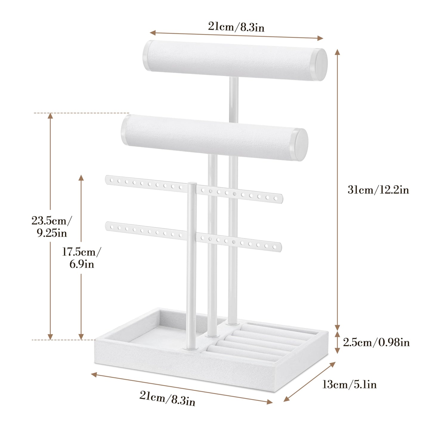 bussdis 3 Tier Bracelet Holder Display - Detachable T Bar Pure White Velvet Bracelet Holder, Jewelry Holder Organizer for Bracelet, Necklace, Earrings, Rings