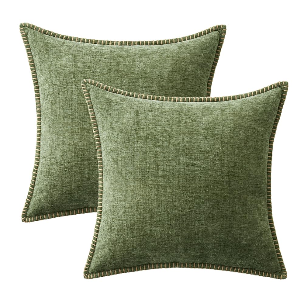 MIULEE Pack of 2 Couch Throw Pillow Covers 18x18 Inch Sage Green Farmhouse Decorative Pillow Covers with Stitched Edge Soft Chenille Solid Dyed Summer Pillow Covers for Sofa Bed Living Room