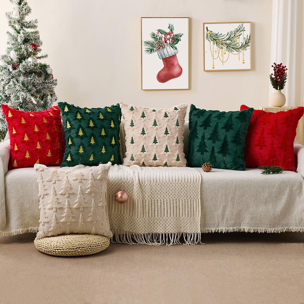 Allorry Christmas Pillow Covers 16x16 Set of 2 Beige Double Xmas Tree Pillow Covers Soft Plush Faux Fur Christmas Decorations for Xmas Winter Holiday Home Bedroom Sofa Cushion Cases PT-008C16