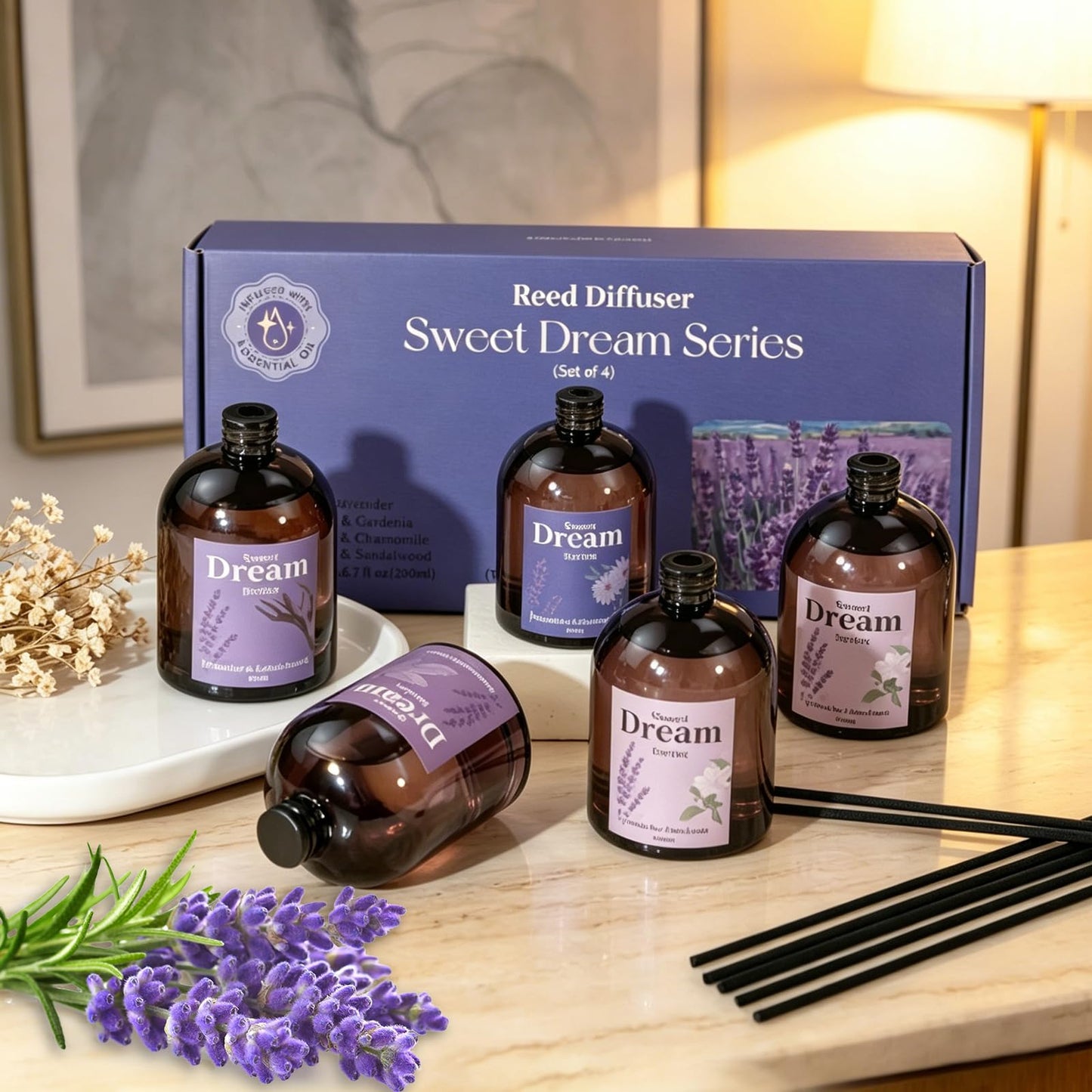 STRN Reed Diffuser Sets, Lavender Scented Oil Diffuser, Fragrance Reed Diffuser with 24 Sticks, 6.8 Fl.oz (200ml), 4 Scents Long-Lasting Air Freshener for Bedroom Bathroom Home Décor(50ml*4)