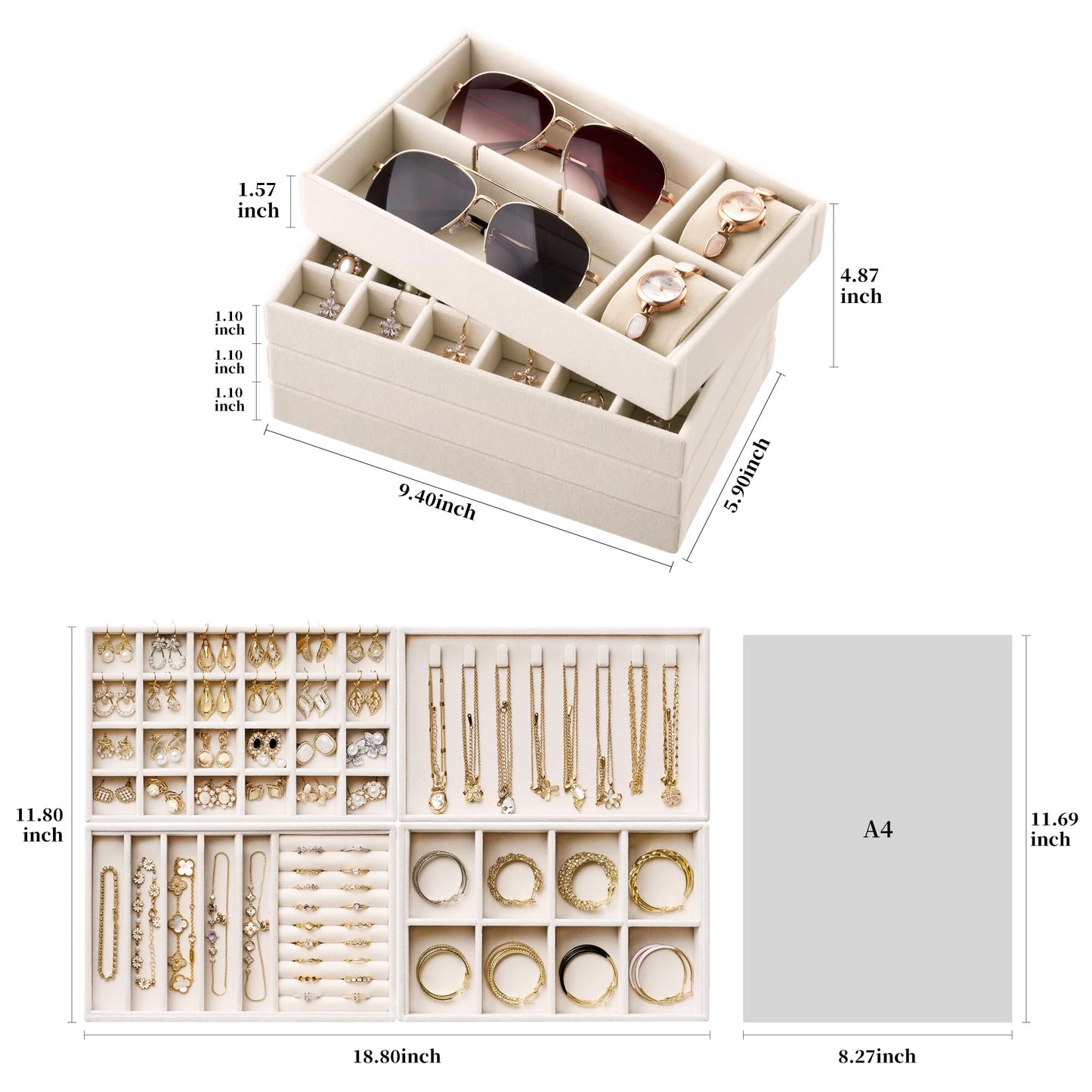 Velvet Jewelry Drawer Organizer Trays – 4-Layer Stackable Jewelry Storage Inserts Set, Beige Jewelry Tray Set for Earrings, Rings, Necklaces, Bracelets with Removable Dividers for Dresser & Vanity