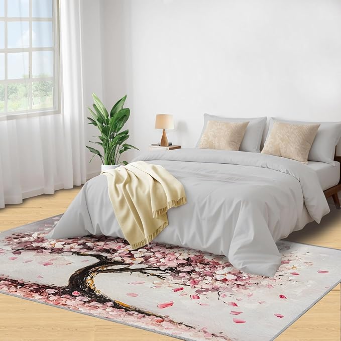 Graffiti Tree Washable Rugs 3x5 Rug for Living Room, Pink Petals 3x5 Rug Oil Painting Art Low-Pile Carpet for Bedroom Dining Non Slip Mat with Rubber Back