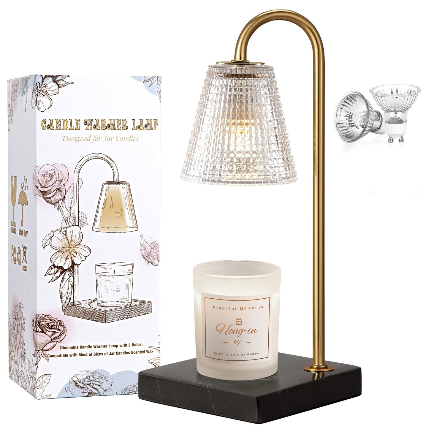Hong-in Modern Gold Candle Warmer Lamp with Black Marble Base, Glass Shade Electric Candle Melter for Scented Candles, Stylish Home Kitchen Decor & Gift for Women