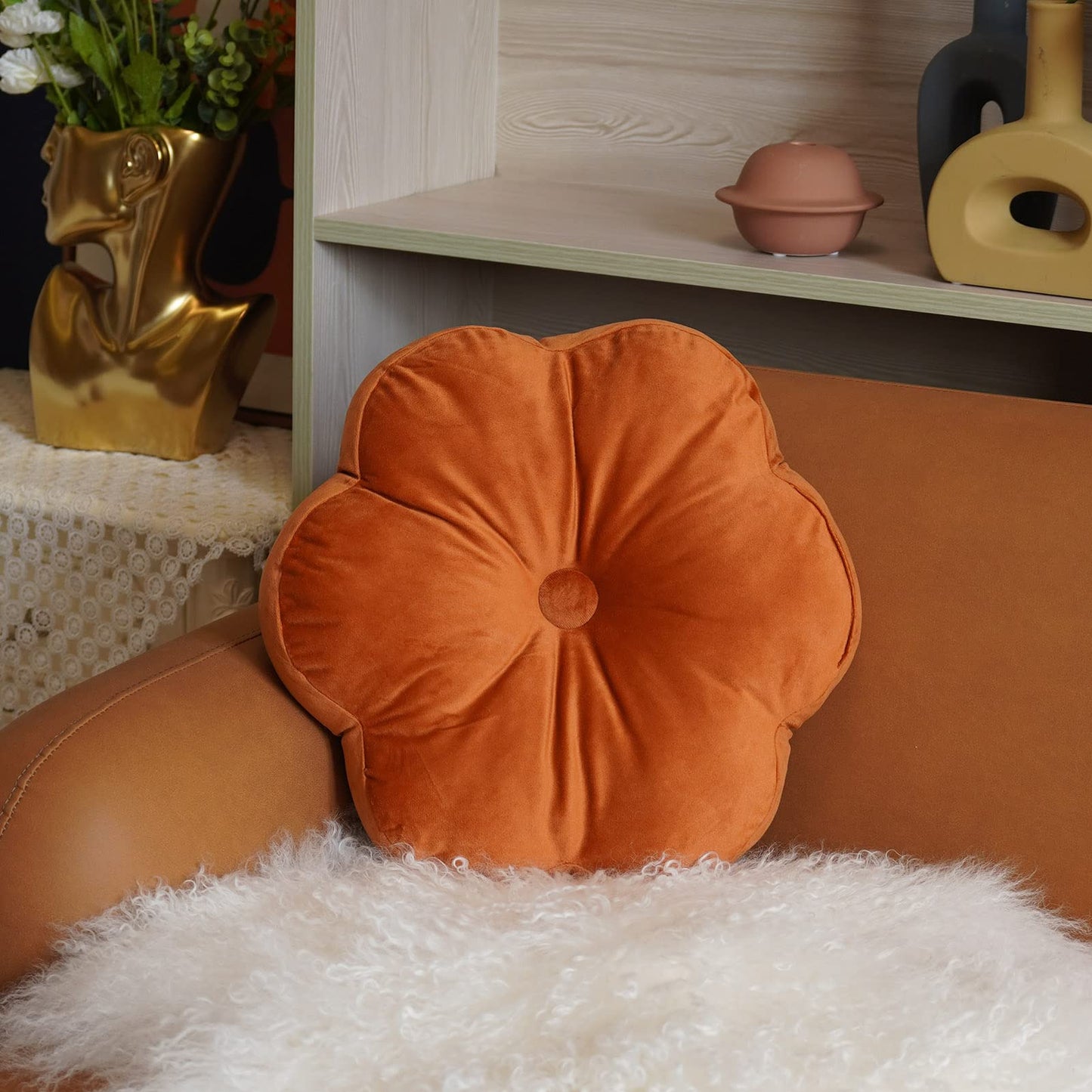 ARTMAGIC Flower Shaped Velvet Decorative Throw Pillow Cushion Ultra Soft Cute Daisy Boho Pillow Floor for Couch Bed Sofa Gift (Burnt Orange)