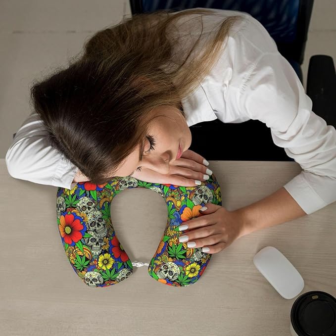 Neck Travel Pillow, Women Men Washable Airplane Car Pillows Pot Leaf Skull Weedleaf, Head Support Rest U Shaped Cushion Comfortable for Watching TV