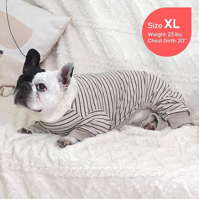 KYEESE Dog Pajamas Stretchable 4 Legs Doggie Jammies Striped Jumpsuit Lightweight Onesie Puppy Pajamas Cozy Outfit Comfortable Dog Clothes Hair Shedding Cover Pet Jammies,Ivory Brown Striped, Medium