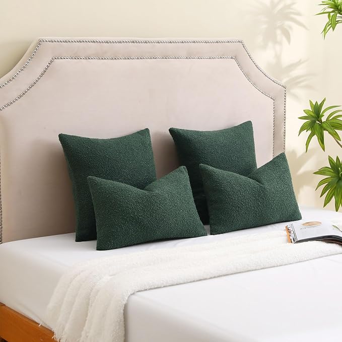 FUTEI Christmas Pack of 2 Dark Green Decorative Throw Pillow Covers 18x18 Inch Soft Cozy Solid Boucle Textured Cushion Case,Modern Home Decor for Couch Bed Living Room