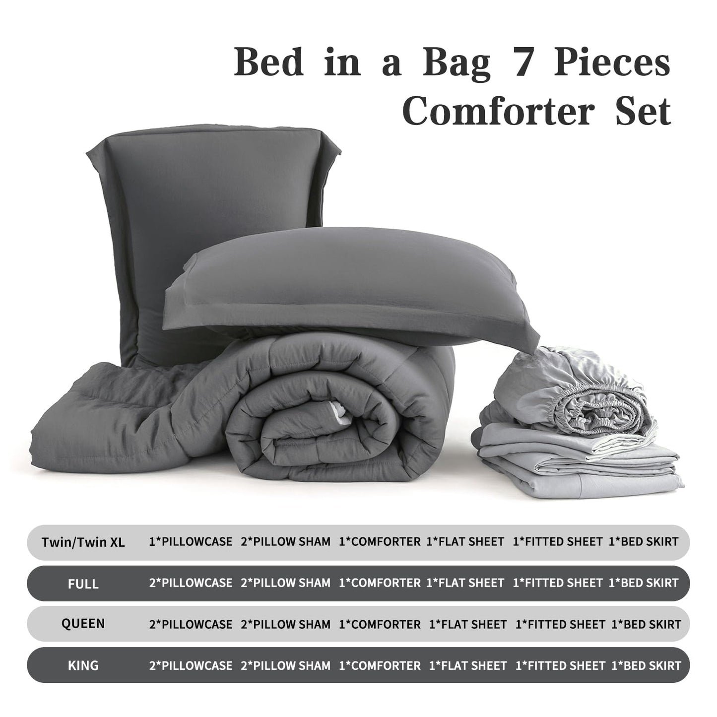 LETSLEEP Queen Size Comforter Set - 8-Piece Gray Luxury Bedding with Reversible Microfiber Lightweight Comforter, Bed Skirt, Flat Sheets, Pillowcases & Pillow Shams