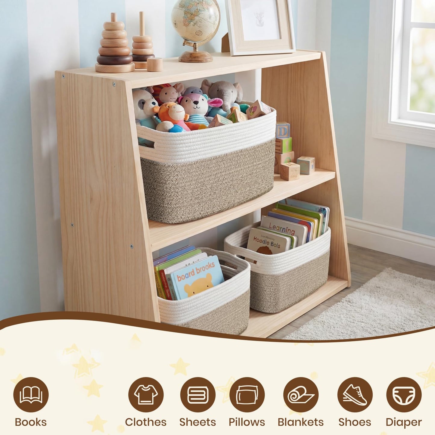 Storage Baskets for Organizing, 14 x 10 x 9” Closet Shelf Woven Baskets, Square Bins with Handles, Cotton Rope Basket for Clothes, Office, Room, White+Rice Brown 1 Pack