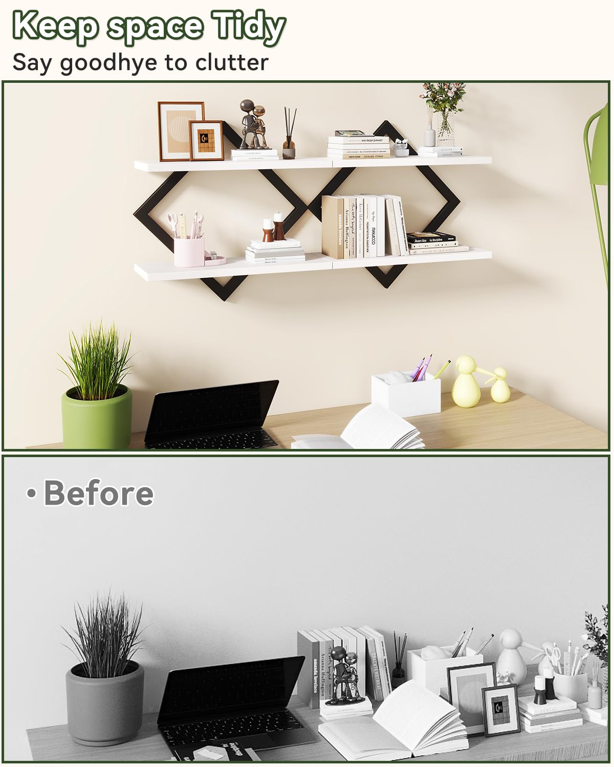 IBUYKE Floating Shelves,15 Inch Wall Shelf Set of 2,Wall Mounted Shelves,2 Tier Hanging Decorative Storage Shelf for Living Room, Bedroom, Bathroom, Kitchen TFS003W-2