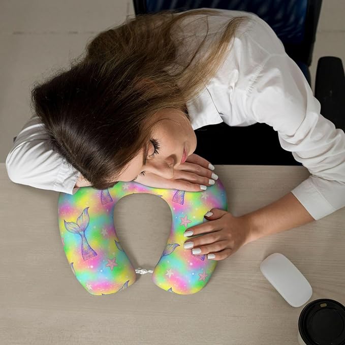 Neck Pillows for Travel Magic Tail Glitter Pink Mermaid, Women and Men Airplane Car Pillow, Neck Support U Shaped Pillow for Rest Pain Relief Sleeping