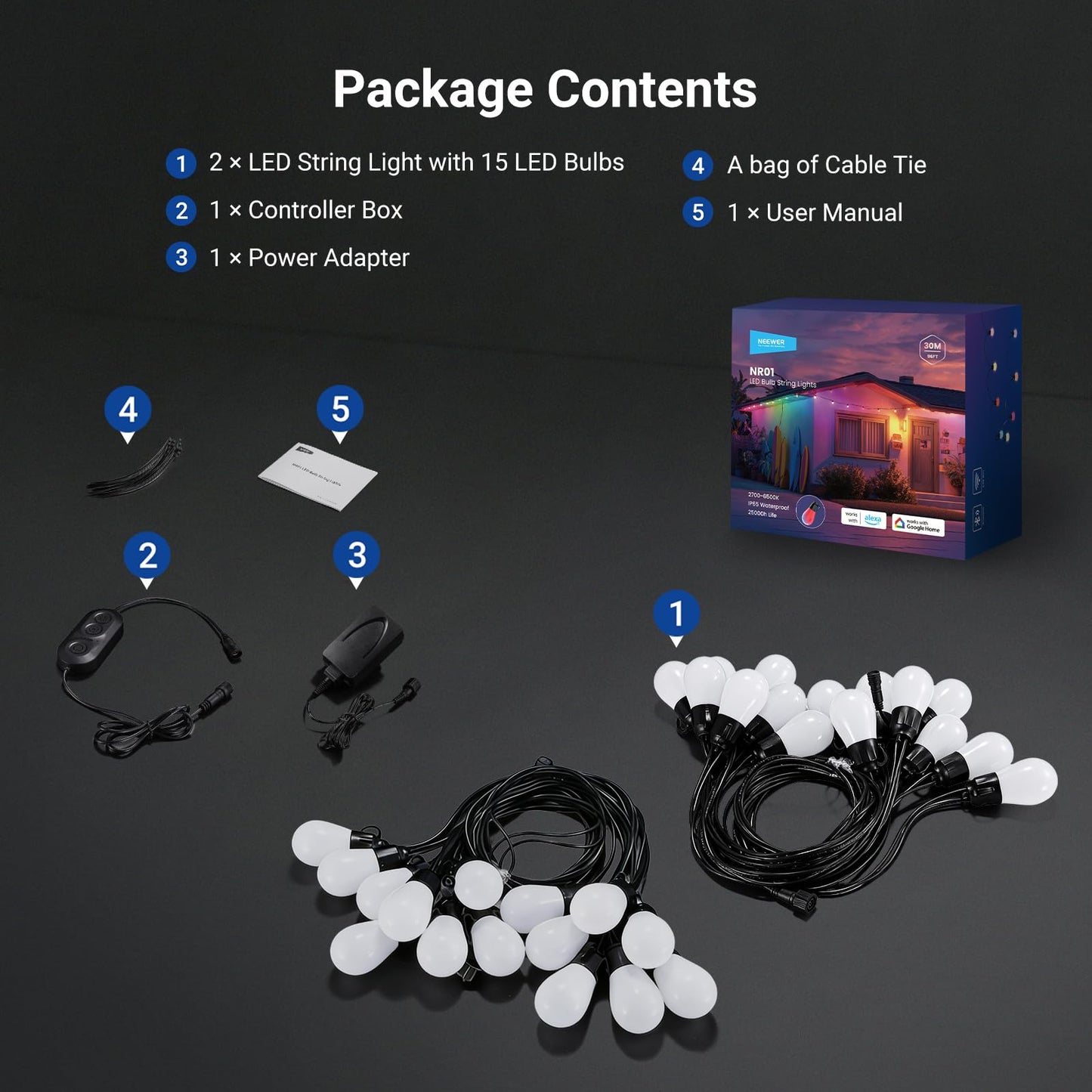 NEEWER 96ft Outdoor String Lights, App Control Smart AI RGBW Hanging Outside Warm White Patio Balcony Backyard Lighting, IP65 Waterproof, 30 LED Bulbs, 50+ Scenes, Compatible with Alexa Google, NR01