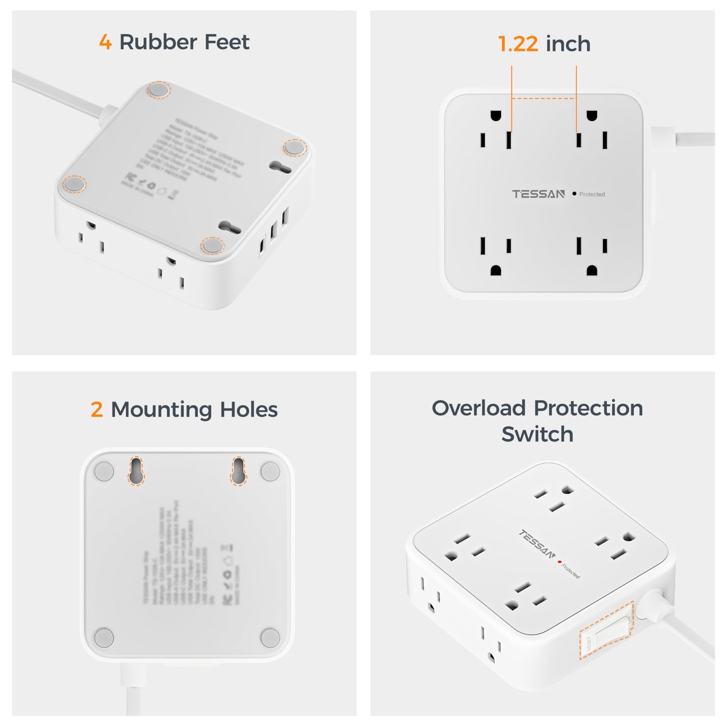 TESSAN 10 Ft Surge Protector Power Strip, 3 USB(1 USB C) 8 Outlets, Flat Plug Extension Cord with Multiple Outlets, 900J Protection, Desk Charging Station for Home, Dorm Room Essentials, Grey