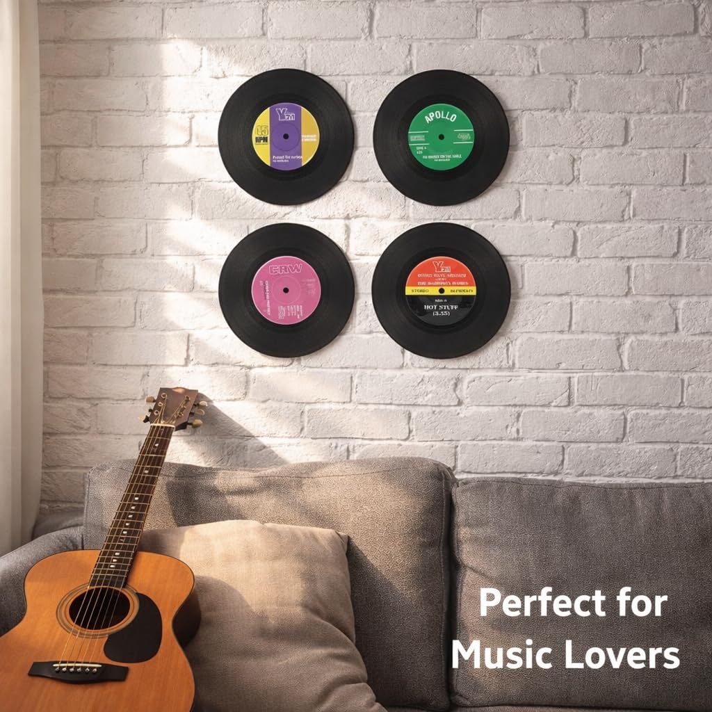 26 Pcs Retro Vinyl Record Coasters for Drinks, 4 Inch Record Player Coaster Set, Funny Music Lovers Gift for Home Bar Decor, Birthdays and Housewarming
