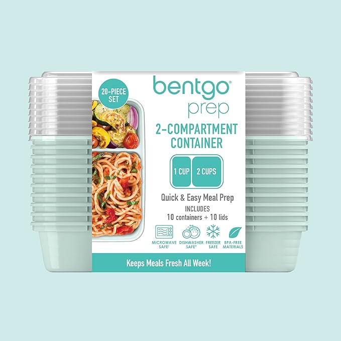 Bentgo Prep - 20-Piece 2-Compartment Reusable Meal Prep Containers with Lids, PFAS & BPA Free Materials, Durable, Microwave, Freezer, & Dishwasher Safe To Go Food Storage (Mint)