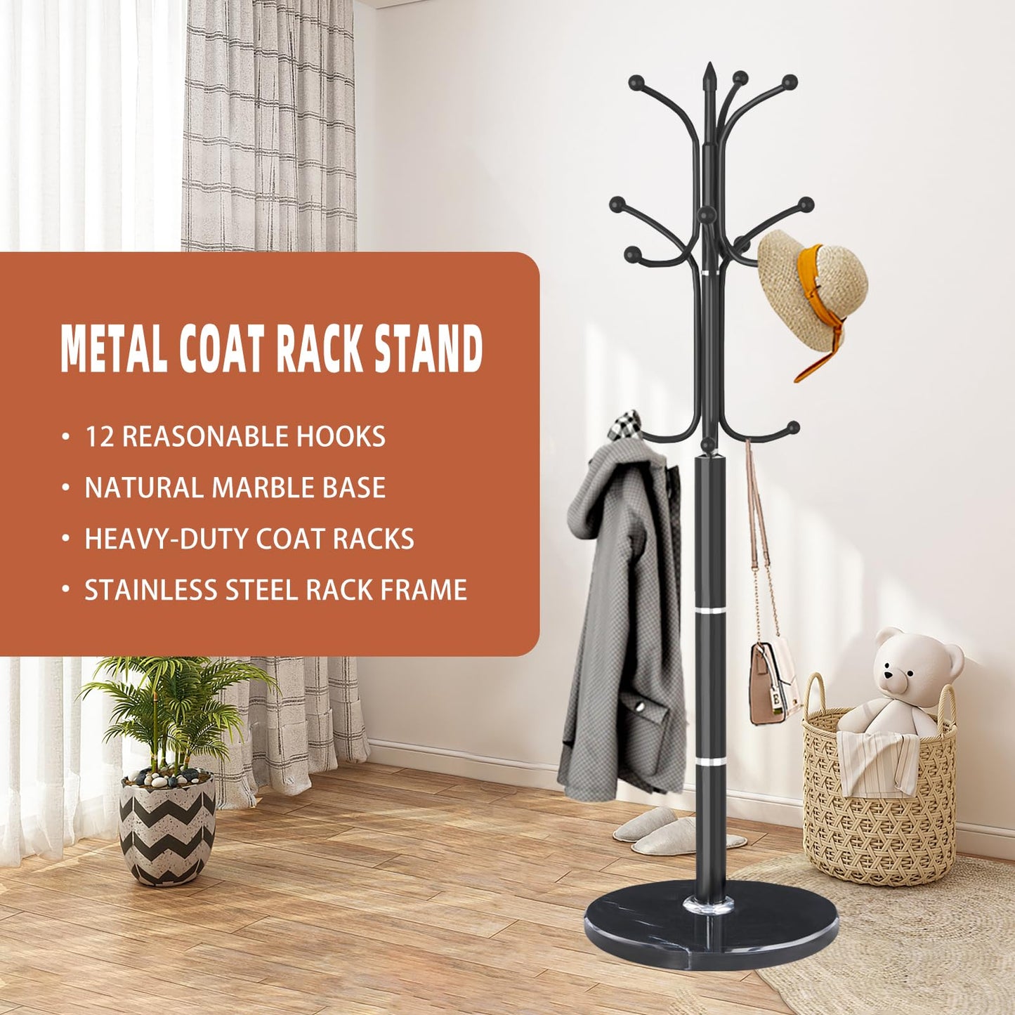 LOZABEE Metal Coat Rack Stand, Modern Freestanding Coat Rack with Natural Marble Base, Black Coat Racks and Coat Hall Tree Hanger Stand with 12 Hooks for Entryway, Hallway, Office
