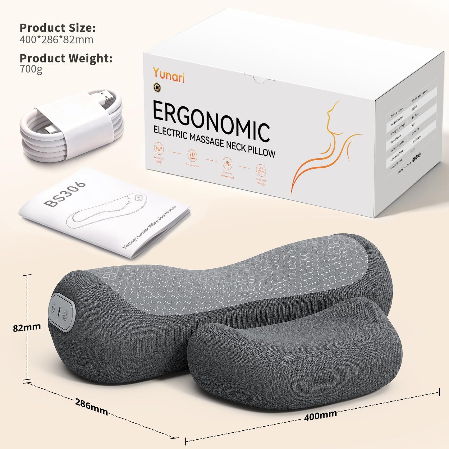 Yunari 3-in-1 Cordless Cervical Neck Support Pillow with Gentle Heat and Airbag Compression, Ergonomic Vibration Pillow for Home, Office and Travel Relaxation (Grey)