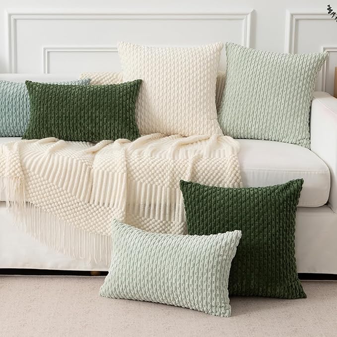 Kevin Textile Throw Pillow Covers Soft Corduroy Decorative Set of 2 Boho Striped Pillow Covers Pillowcases Farmhouse Home Decor for Couch Bed Sofa Living Room 16x16 Inch Moss Green