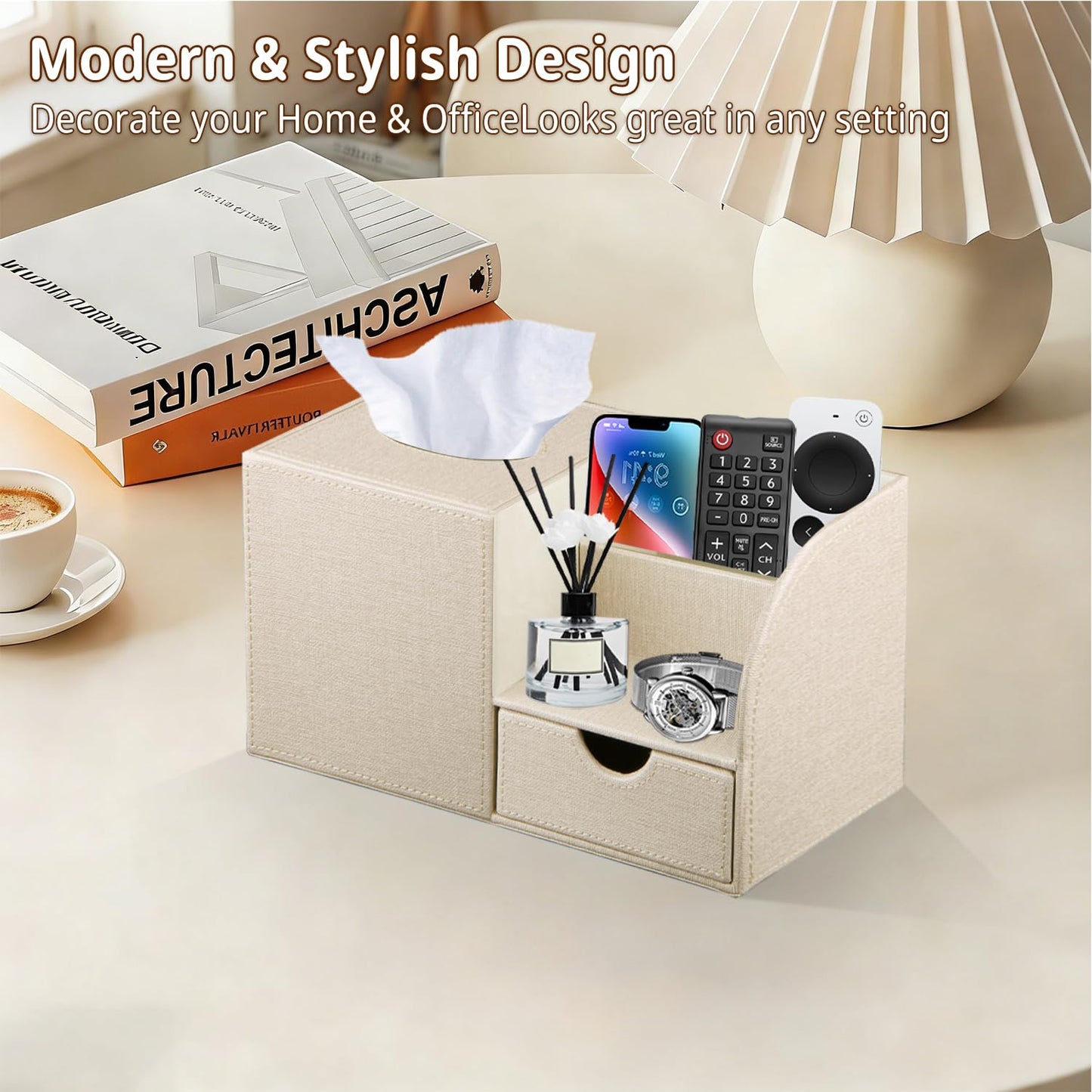 Nightstand Organizer with Tissue Holder,PU Leather Square Tissue Box Cover,Modern Facial Paper Organizer Storage Box for Remote Control,Bathroom,Vanity Countertop,End Table Home Office.Beige