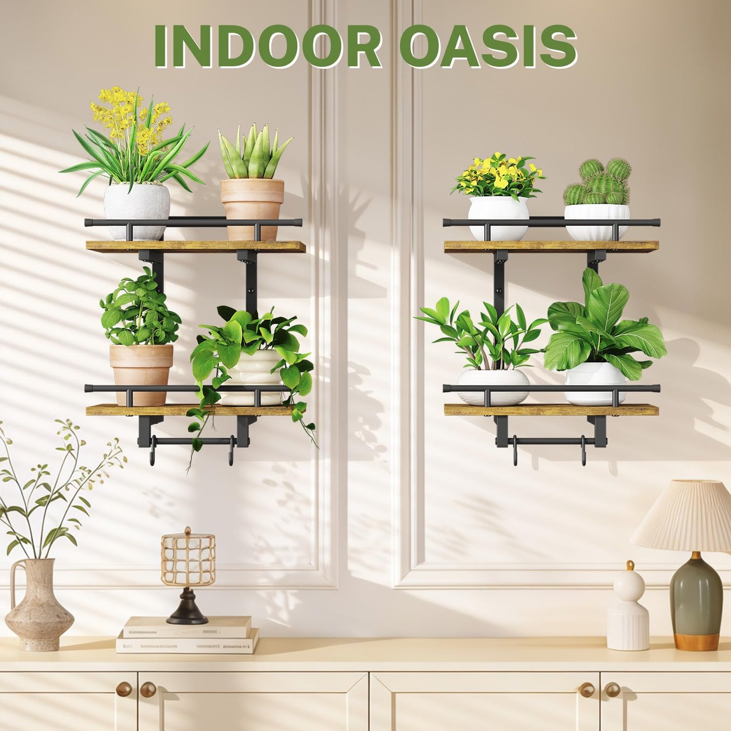 iDavosic.ly Wall Plant Holder Set of 2, 2 Tier Indoor Floating Shelves with 4 Hooks for Hanging Plants, Wall Mounted Space Saving Display Stand for Living Room Bedroom (Pots/Chains Not Included)