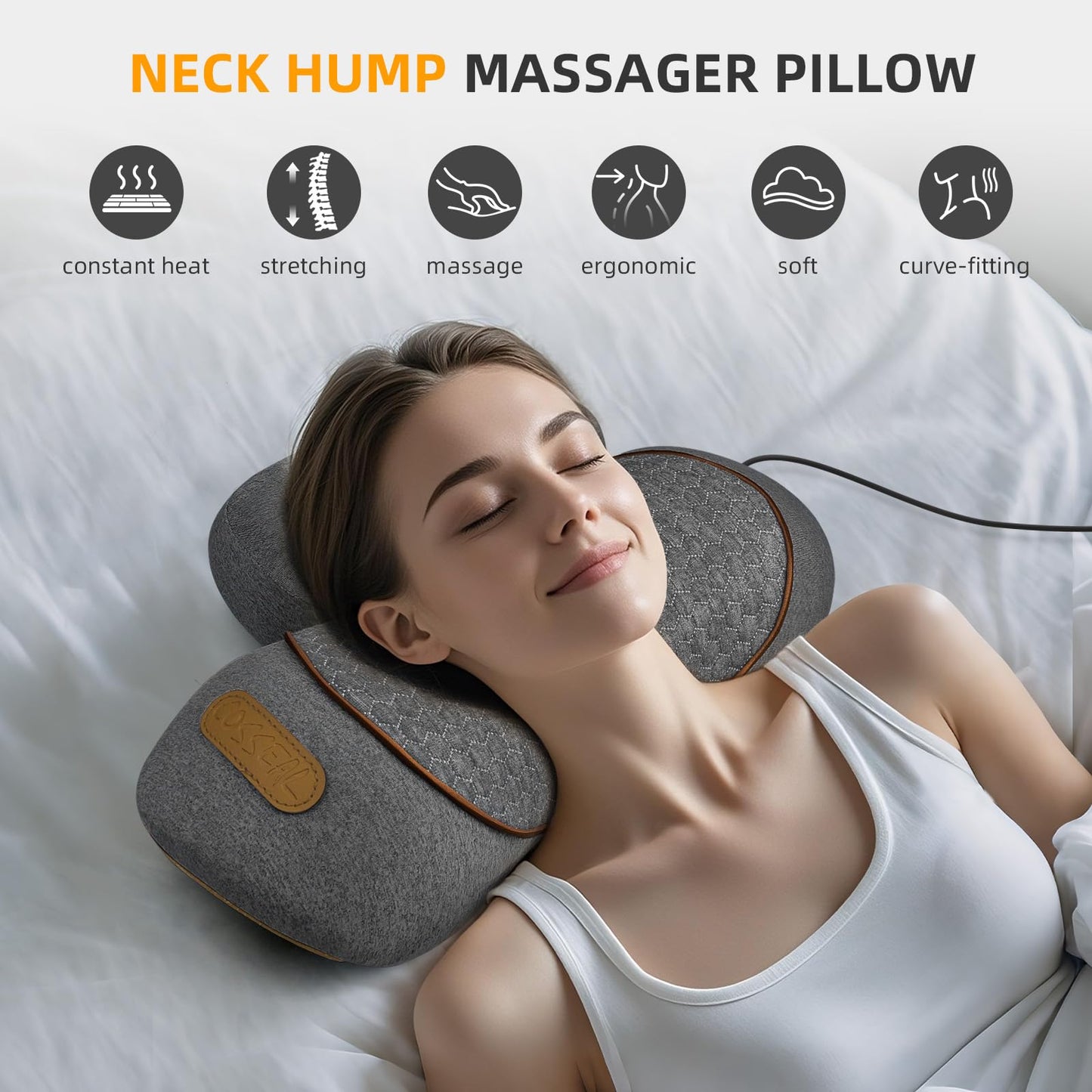 Voluart 3-in-1 Neck Massager Pillow with Heat & Traction, Deep Tissue Cervical Traction Device for Neck Hump Corrector, Shoulder & Upper Back Pain Relief, Relaxing TheraPillow Support