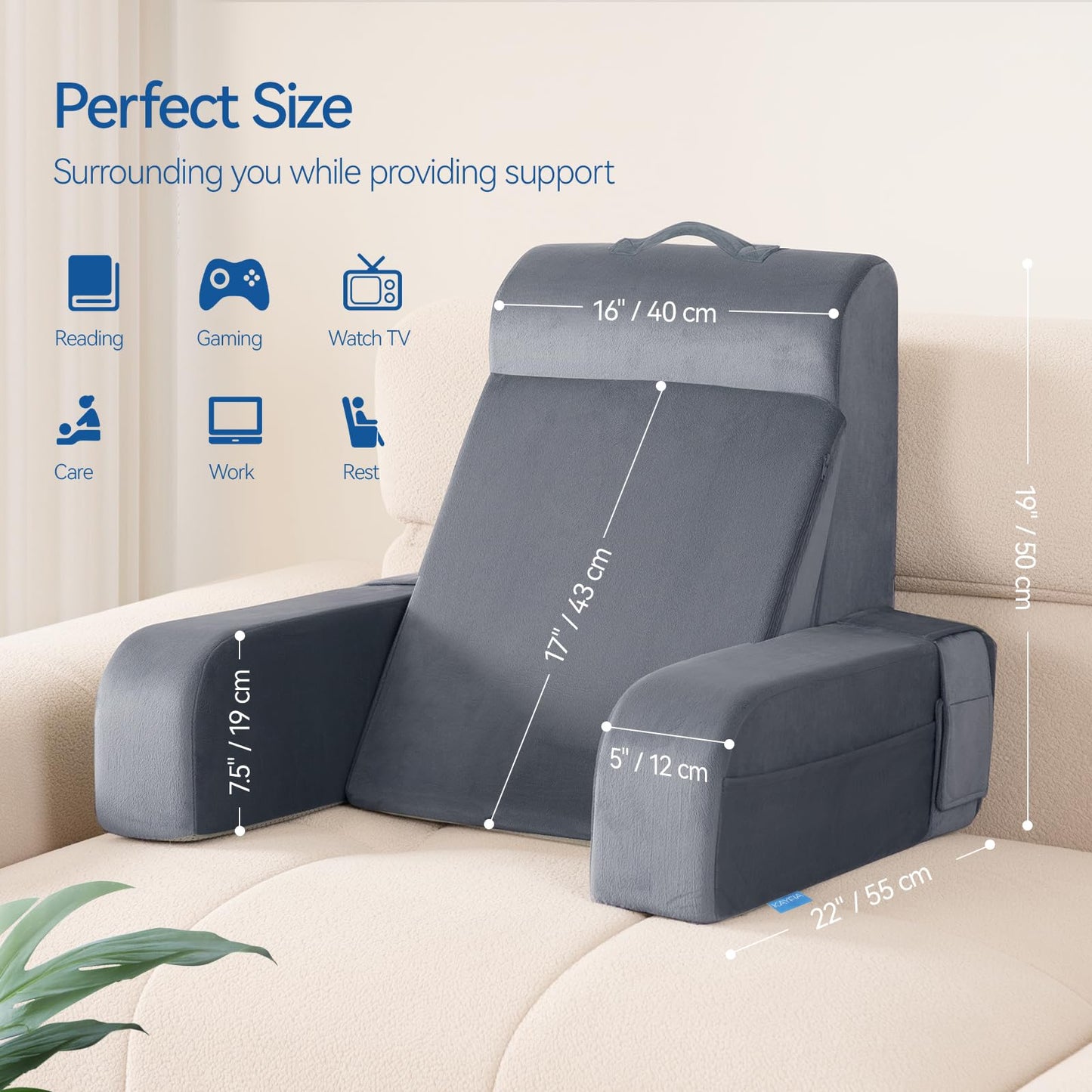 Kayfia Reading Pillow, 10 in 1 Back Pillow for Bed Sitting up with Detachable Arms Rest, Back Rest with Gel Memory Foam, Reading/Gaming/Working in Bed or Couch 19", Gray