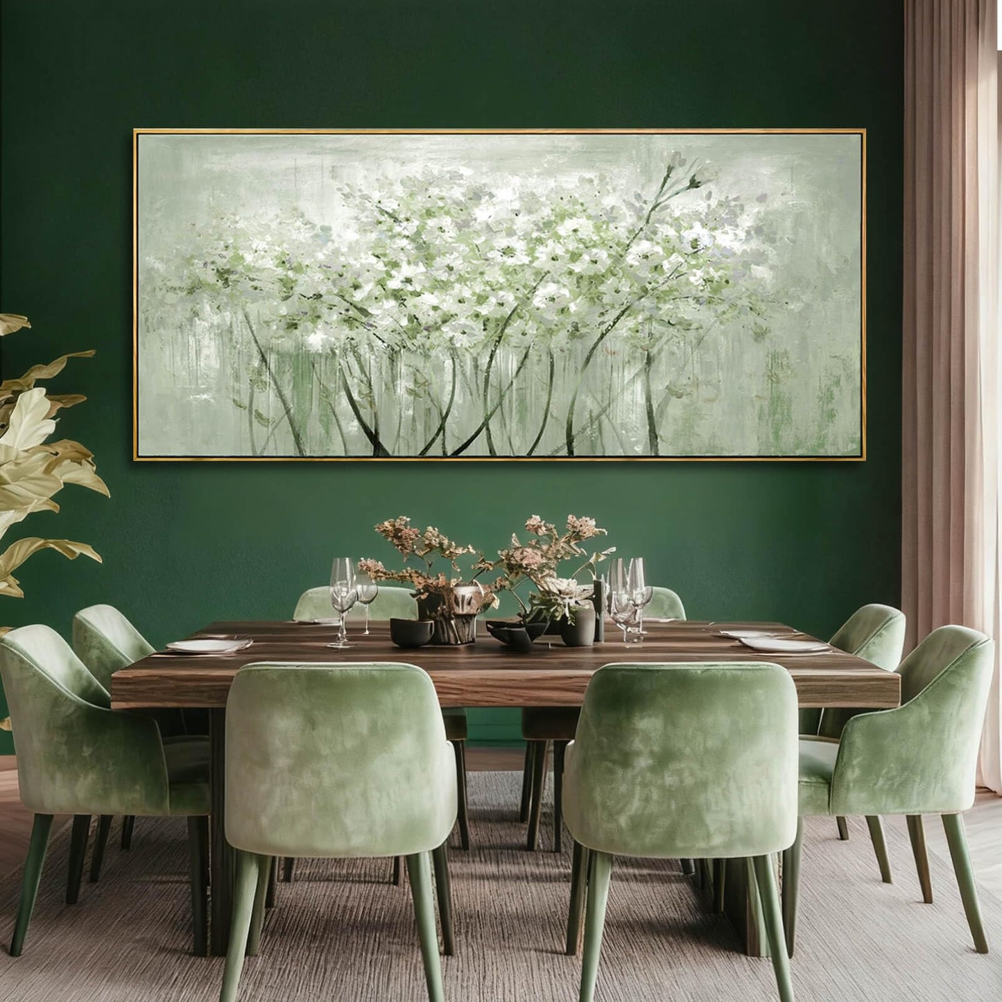 MLART99 Soft Green and White Floral Canvas Extra large Flower Wall Art Texture Botanical Print Plant Posters- 32x70 Inch Modern Home Decor for Living Room Entryway
