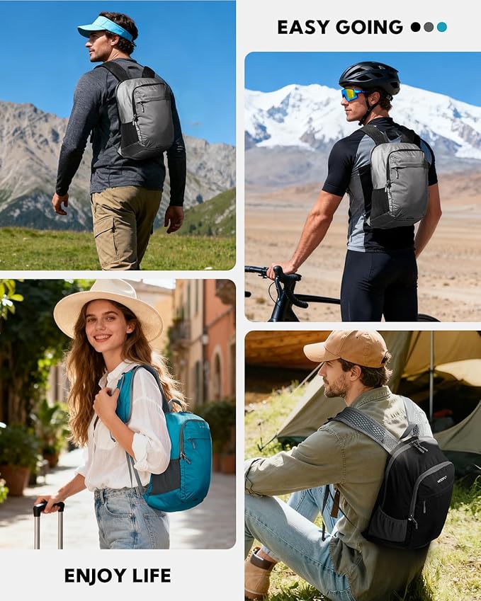 WATERFLY Packable Lightweight Small Backpack: 15L Foldable Mini Hiking Daypack - Ultralight Compact Day Pack for Women Men Outdoor Travel Camping Walking - Gray