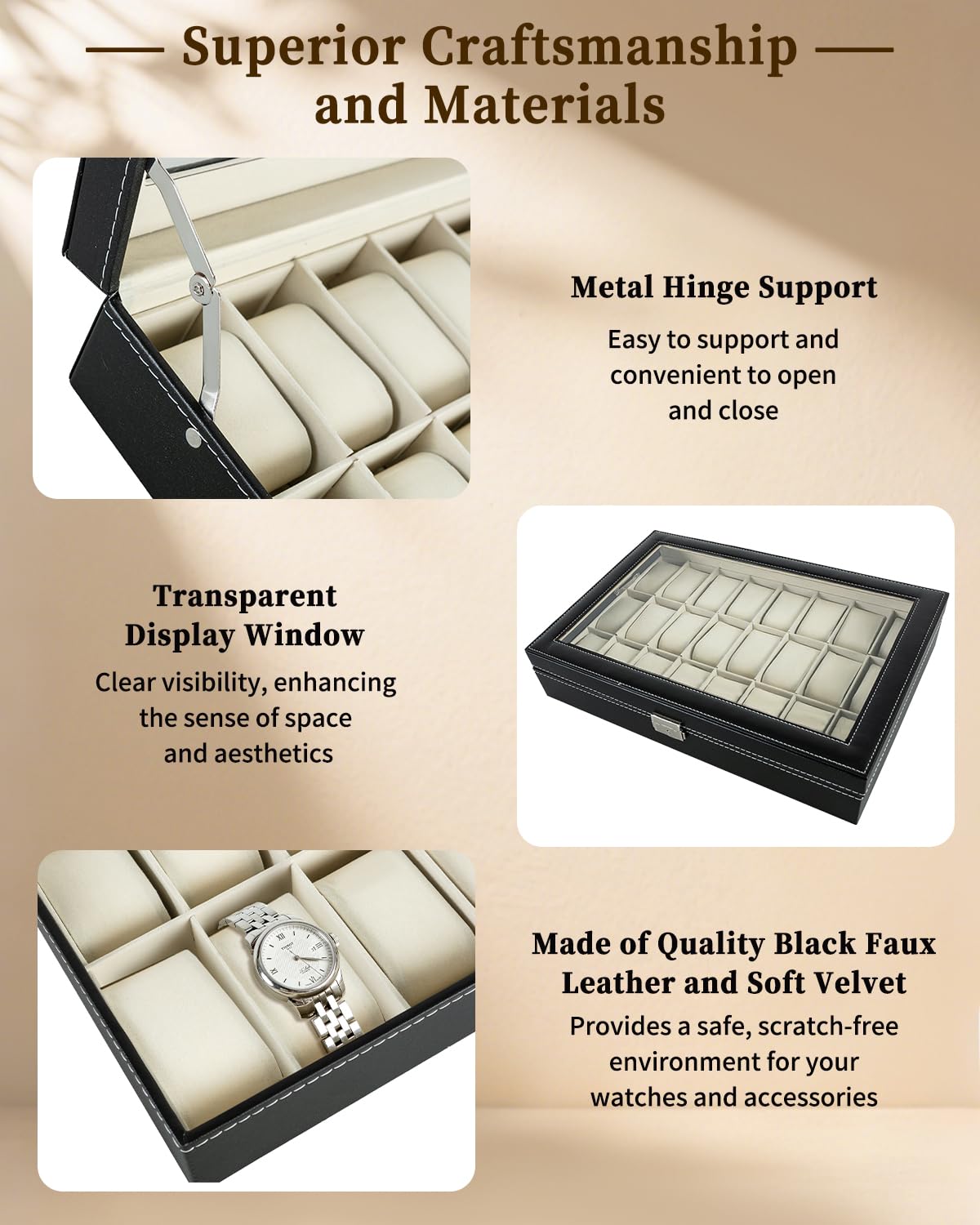 ATPEAM 24 Slot Watch Case Watch Box Organizer for Men Women Black Synthetic Leather Waterproof Dustproof Lockable Storage Case With Glass Lid (3.1'' Watch Pillow)