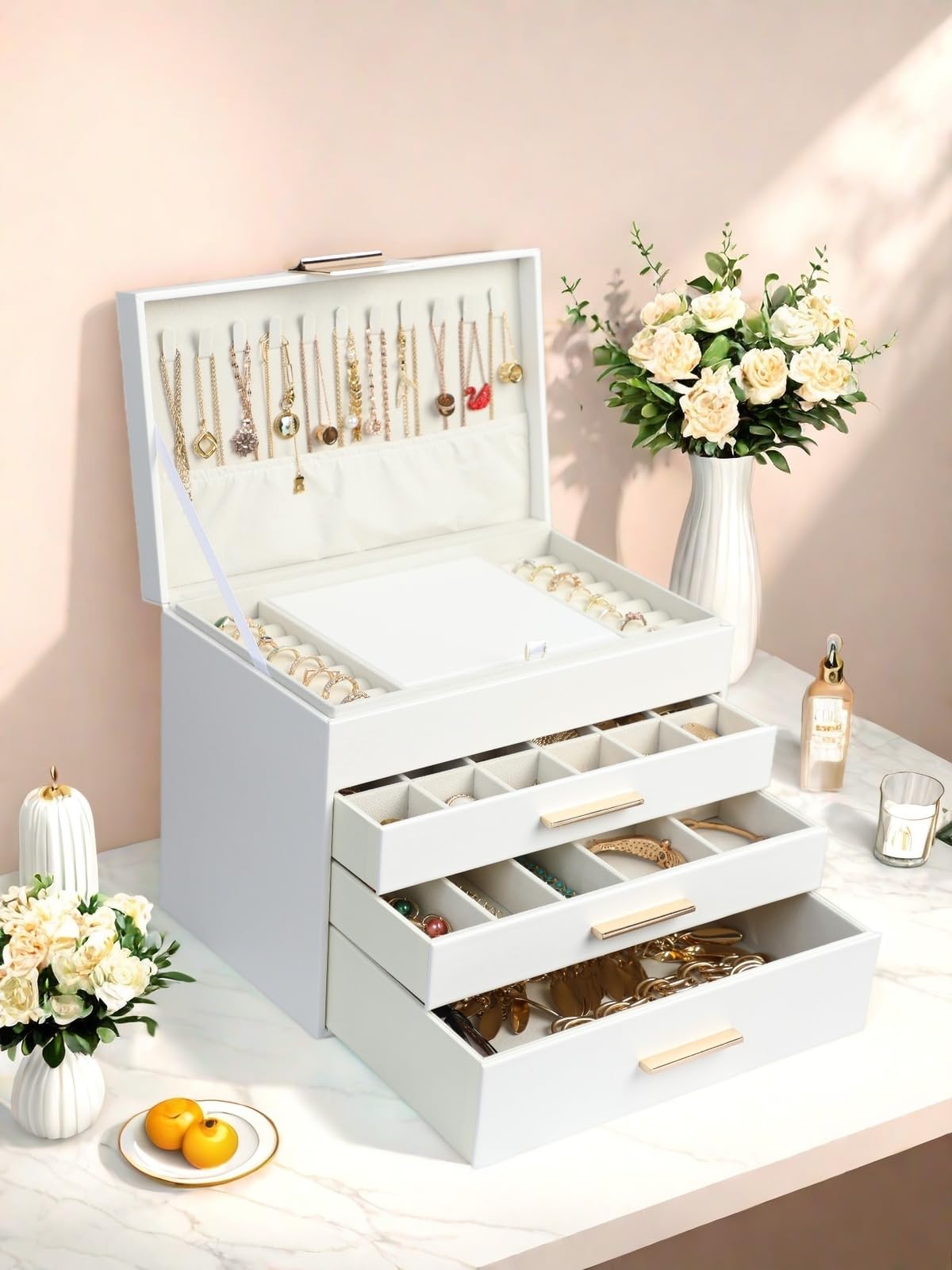 BOOVO Jewelry Boxes for Women, 5 Layer Jewelry Organizer with Necklace Hanger and Drawers, Large Jewelry Box for Earrings, Necklace and Bracelet Storage Gifts for Women and Girls (White, 5 Layer)