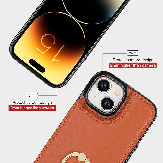 Folosu Compatible with iPhone 15 Case Wallet with Card Holder, 360°Rotation Finger Ring Holder Kickstand, RFID Blocking Leather Protective Double Buttons Shockproof Cover 6.1 Inch Brown