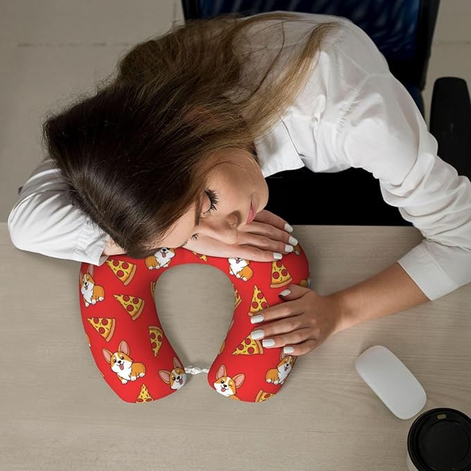 Neck Pillow Memory Foam Travel Pillows Comfortable for Airplane Flight Car Travel Office Nap and Sleeping, Funny Cushion for Head Shoulder Corgi Junk Food Cute Dogs Pizzas
