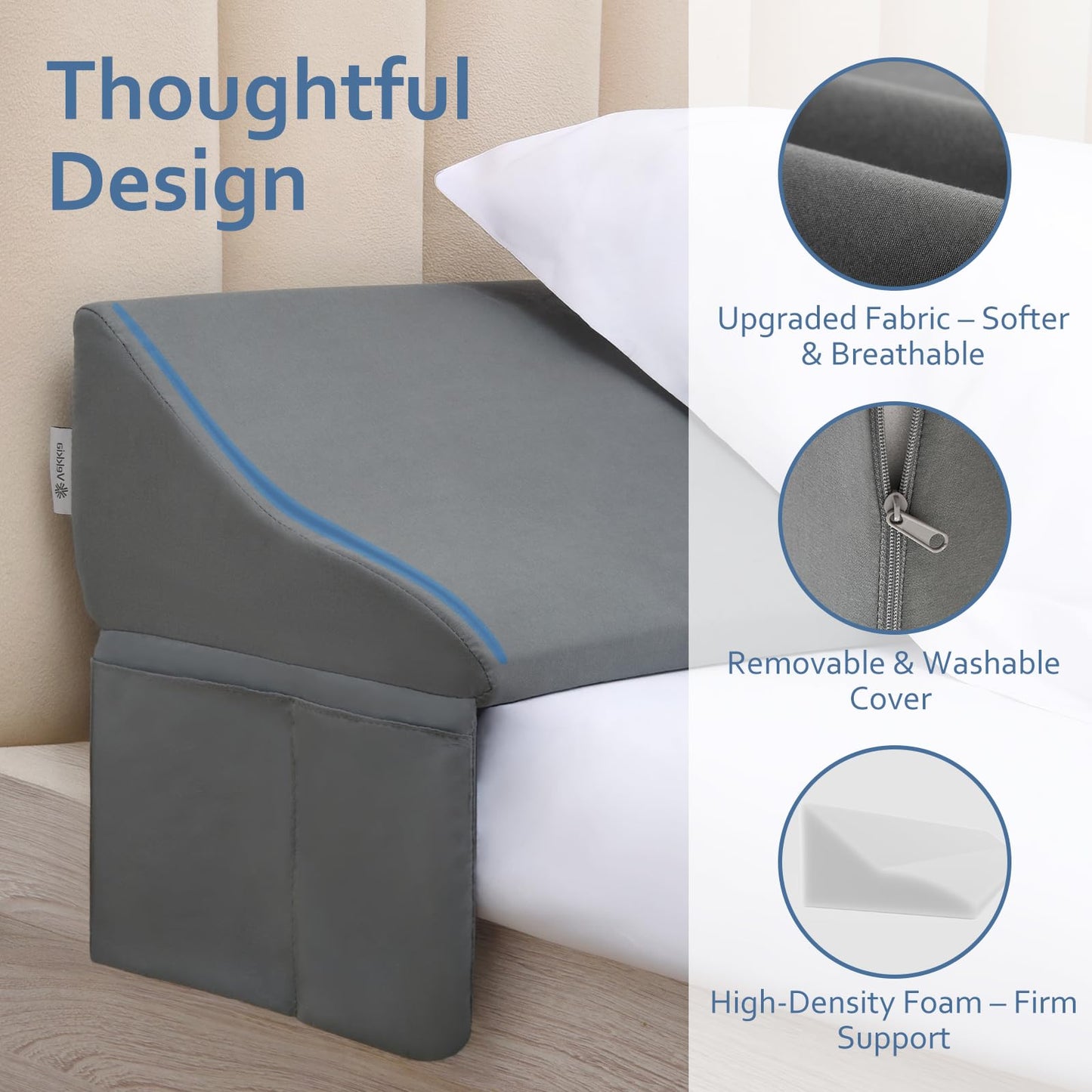 Vekkia King Bed Wedge Pillow for Headboard Gap – 0–6" Bed Gap Filler with Firm Foam Support & Extra-Large Pockets – Prevents Lost Pillows, Phones & Small Items (Gray)