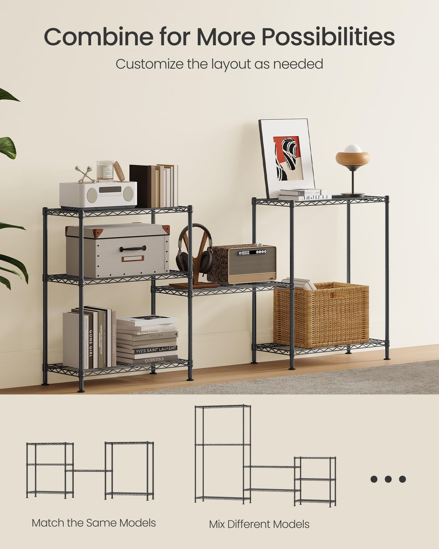 SONGMICS Storage Shelf, Metal Wire Shelving Unit, Adjustable Shelves, for Garage, Bedroom, Living Room, Kitchen, Pantry, 3 Tier, 11.8 x 23.6 x 30 Inches, Ink Black ULGR163BH01S