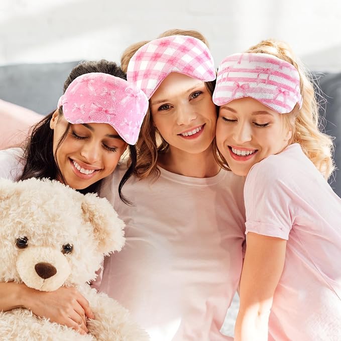 Cuffbow 6 Pcs Plush Sleep Eye Mask Silk Furry Eye Covers for Sleeping Cute Sleep Mask Fluffy Comfortable Sleeping Blindfold for Travel Sleepover Nap Party Supply Women(Plaid Bow,Pink)