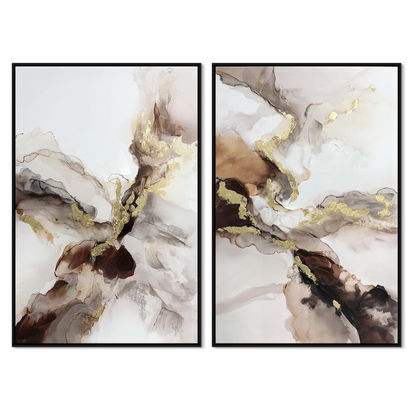 SAFERRYHOME Neutral Abstract Wall Art, Gold and Brown Marble Framed Canvas Wall Decor, Modern Fluid Texture Painting Artwork, Contemporary Minimalist Picture for Home Office Living Room, 24"x36"x2